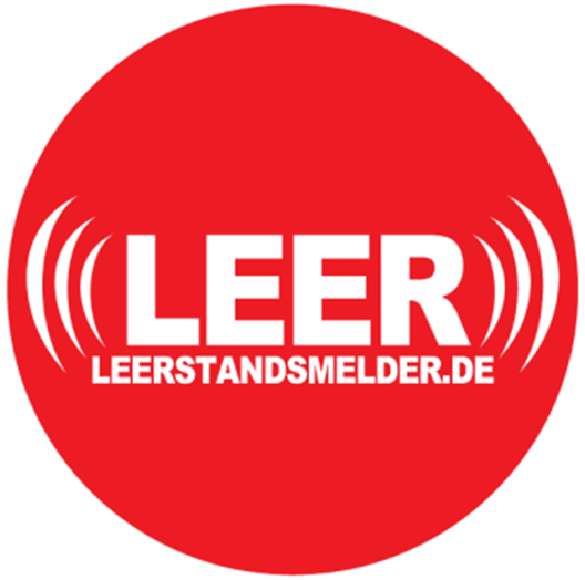 Logo Leerstandsmelder. Roter Kreis mit weißer Schrift: "LEER" in der ersten Zeile, dann Leerstandsmelder.de in der zweiten Zeile.