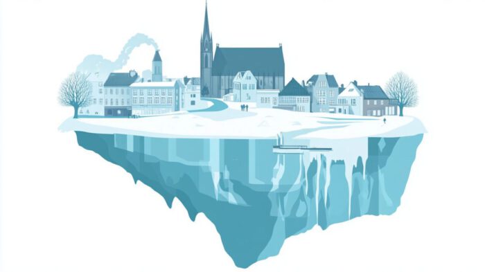 Ein Eisberg mit Häusern.